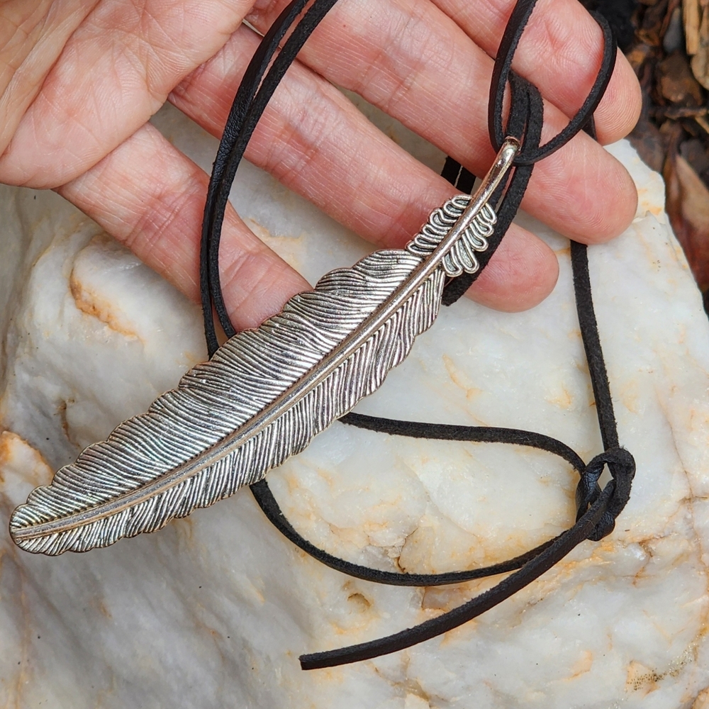 Johnny Was Jewelry Large Silver Pendant Feather Charm Black Cord Boho - Picture 7 of 12